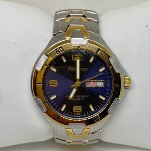Armitron day date men watch two tone blue dial 40mm round size 6.5” running